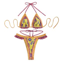 Explosive Neck Hanging Swimsuit Yellow Strappy Bikini Swimsuit