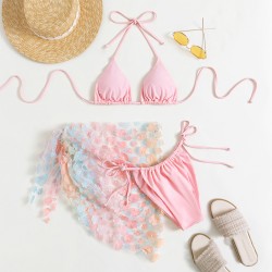 Sexy Hanging Neck Tied Floral Gauze Skirt Swimsuit