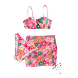 Swimsuit Female Split Gather Steel Support Short Skirt Three-Piece Set Outside