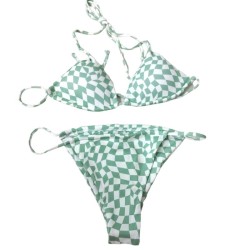 Hanging neck sexy strap plaid solid color swimsuit