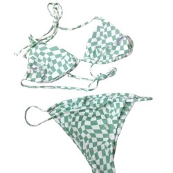 Hanging Neck Sexy Strap Plaid Solid Color Swimsuit