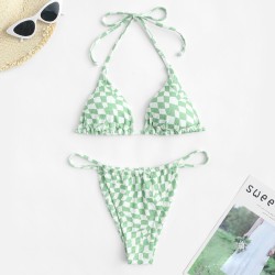 Hanging Neck Sexy Strap Plaid Solid Color Swimsuit